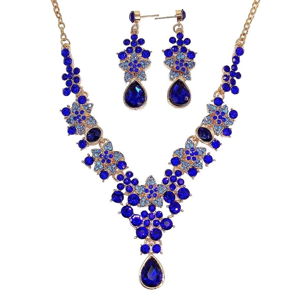 Blue crystal necklace earring set w/ teardrop crystal pendant Y neck design New